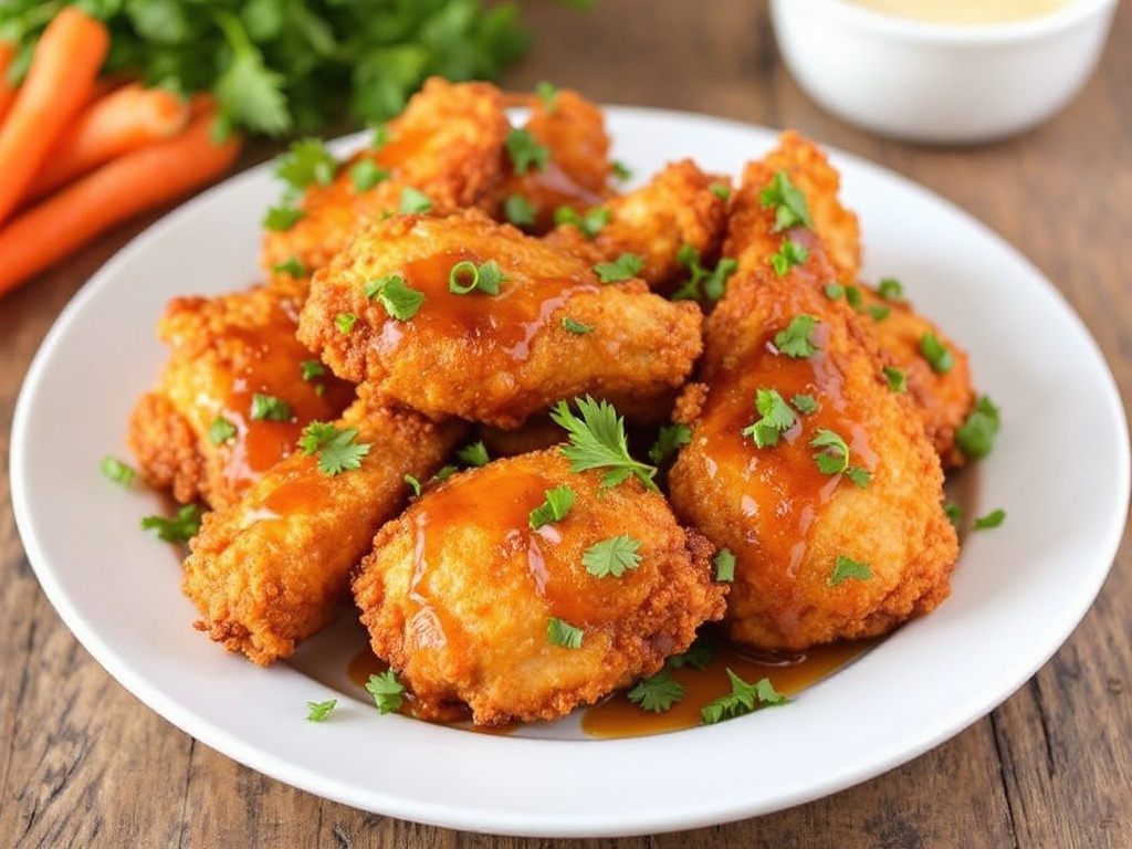Crispy Baked Hot Honey Chicken garnished with parsley, served with a side of dipping sauce on a wooden table.